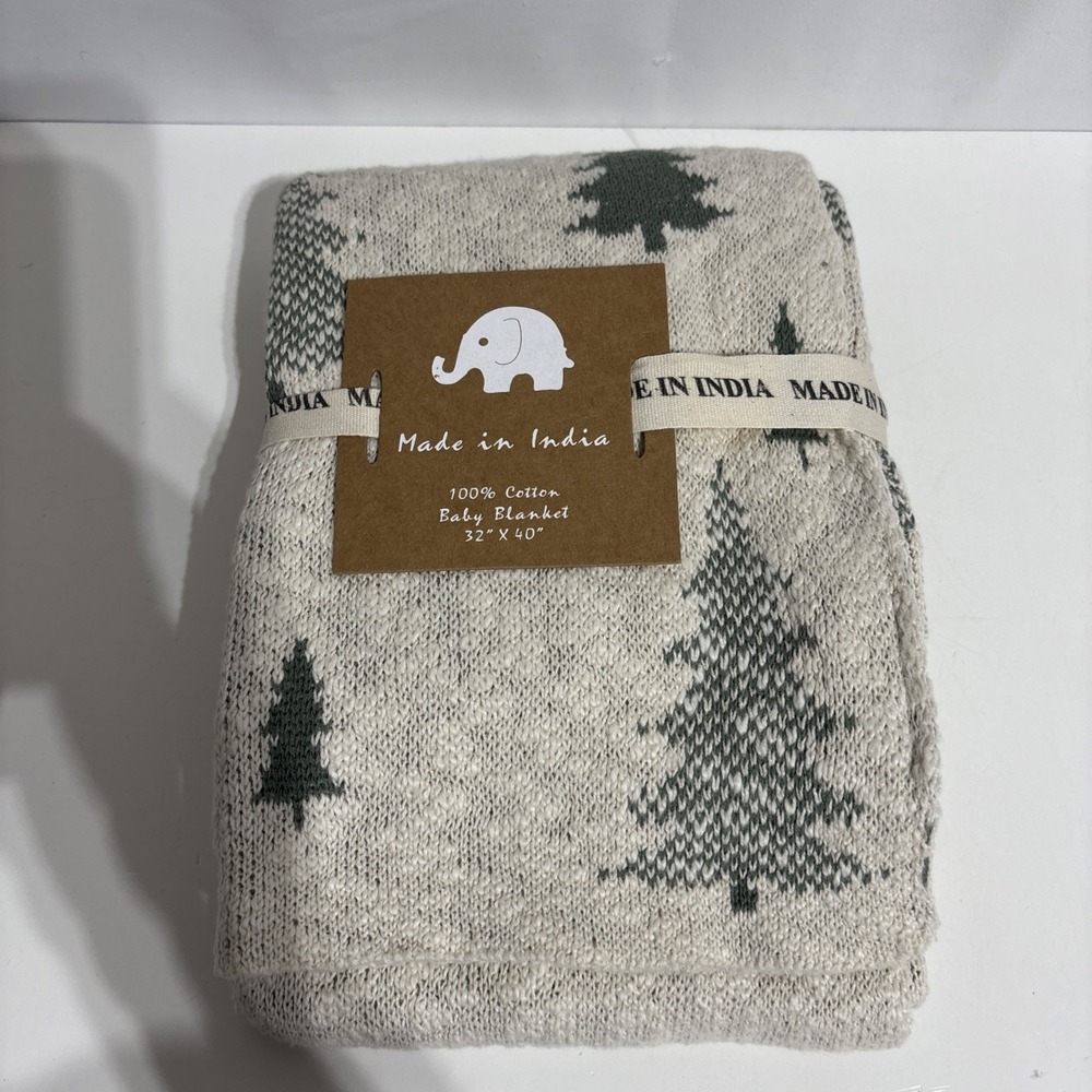 New Made In India Baby Throw Blanket 100% Cotton Knit Off White Green Tree Print